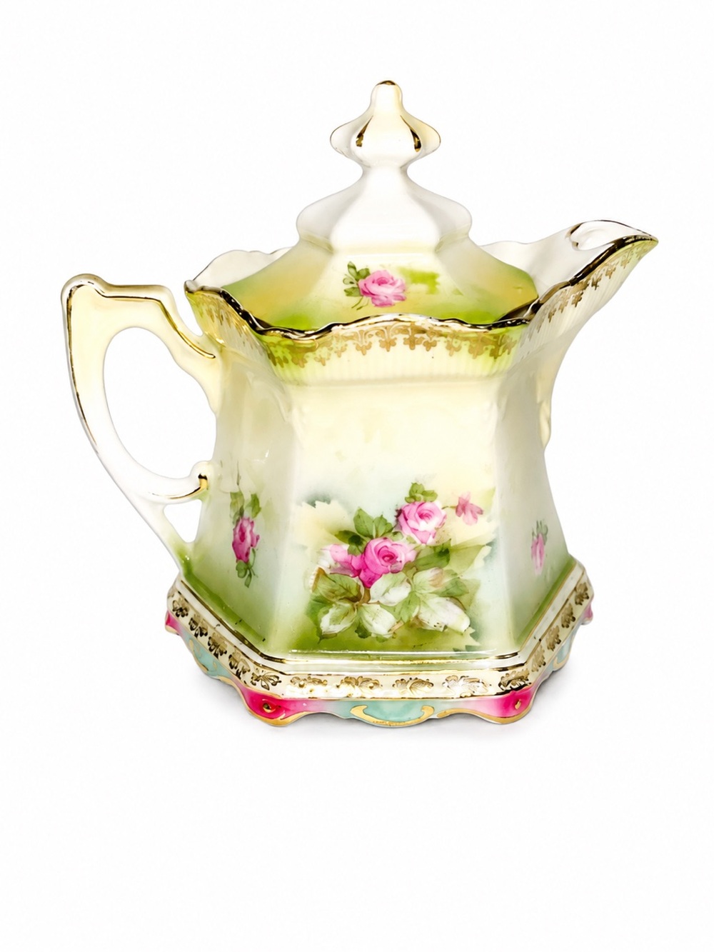 Antique RS Prussia Floral Creamer Pitcher in Green and Pink with Gold Trim